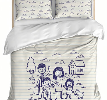 LABHAM Happy Home 200TC Natura Soft Doodle Family Print Navy Blue Bedsheet Set With 2 Matching Pillow Covers - King Size