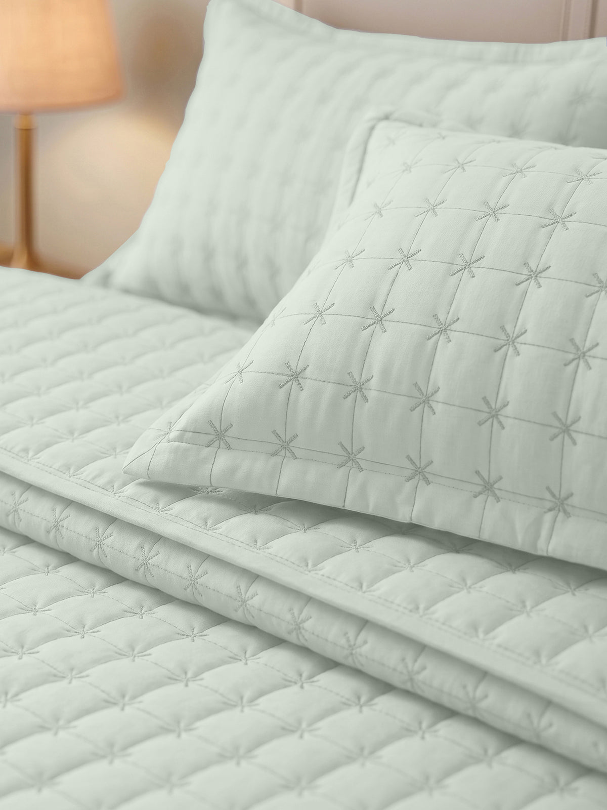 SOLACE 300GSM Cross Stitch Embroidered Quilt Bed Cover Set with 2 Pillow Covers – King Size