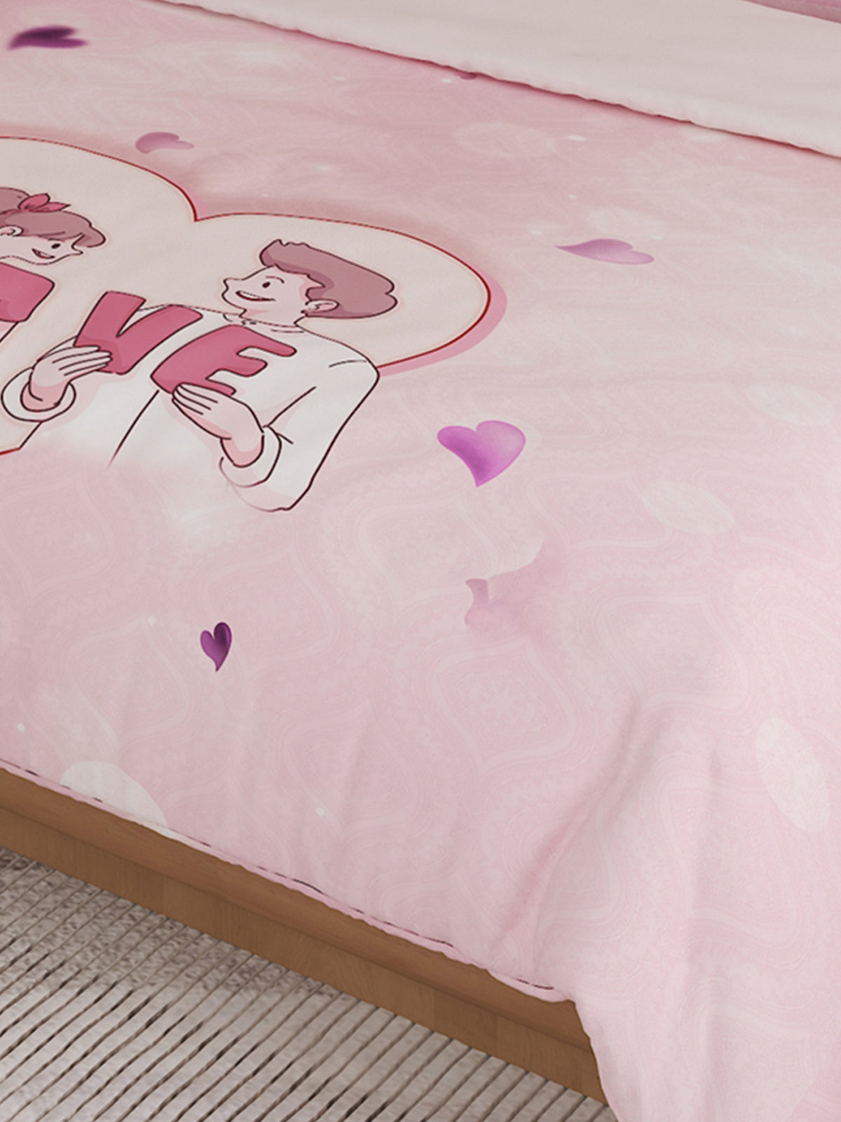 Love Forever 200TC Natura Soft Blush Pink LOVE Couple Print Bedsheet Set With 2 Matching Pillow Covers - King Size