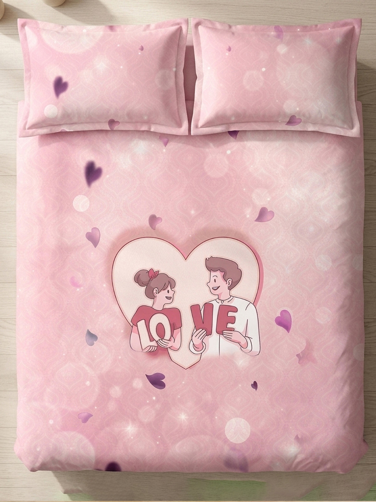 Love Forever 200TC Natura Soft Blush Pink LOVE Couple Print Bedsheet Set With 2 Matching Pillow Covers - King Size