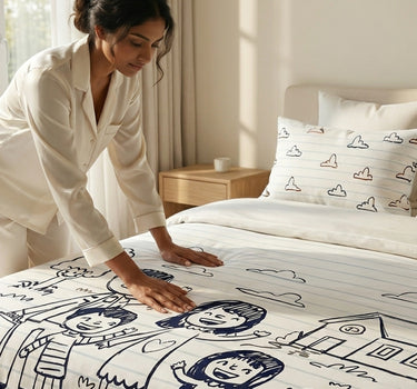 LABHAM Happy Home 200TC Natura Soft Doodle Family Print Navy Blue Bedsheet Set With 2 Matching Pillow Covers - King Size