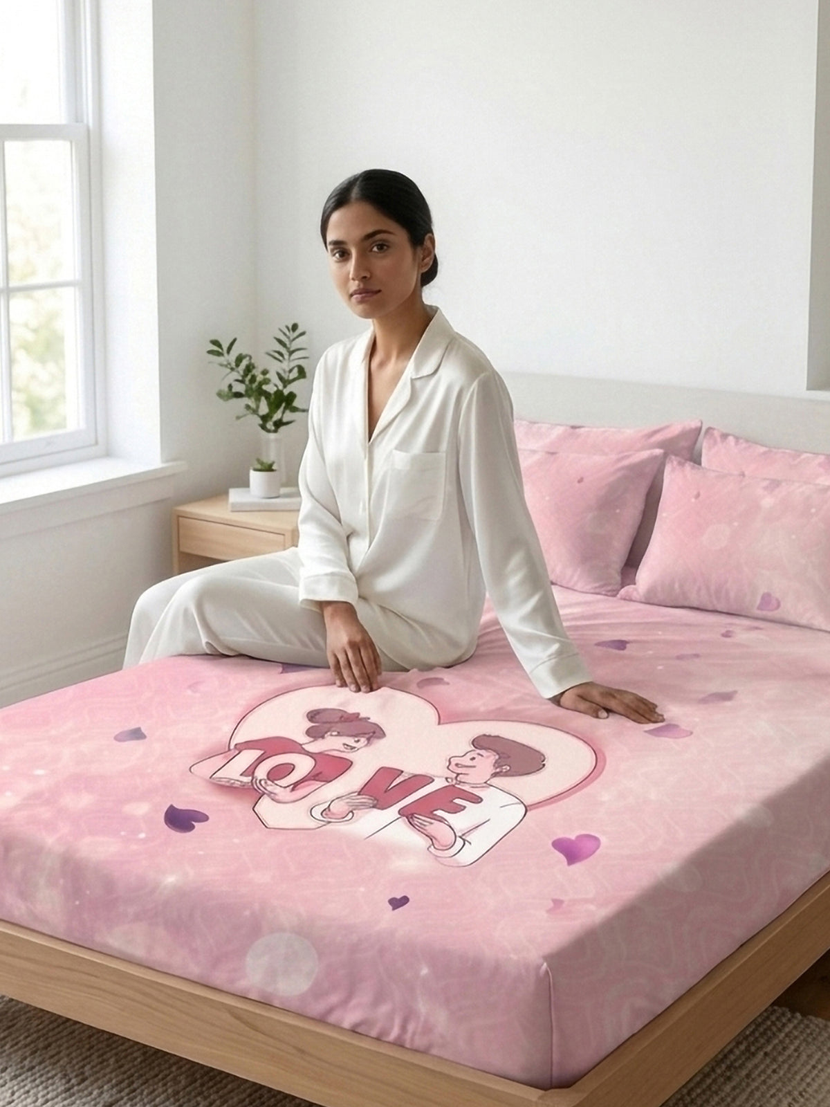 Love Forever 200TC Natura Soft Blush Pink LOVE Couple Print Bedsheet Set With 2 Matching Pillow Covers - King Size