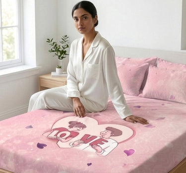 LABHAM Love Forever 200TC Natura Soft Blush Pink LOVE Couple Print Bedsheet Set With 2 Matching Pillow Covers - King Size