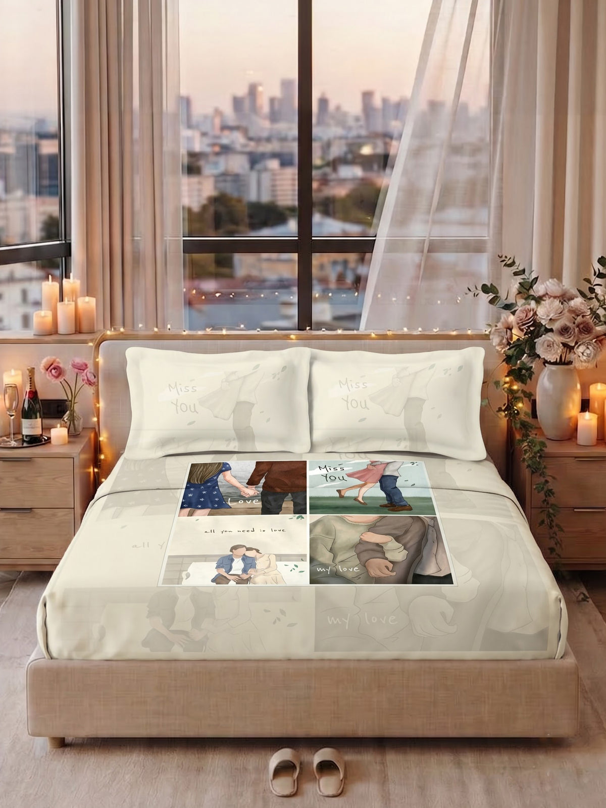 Love Forever 200TC Natura Soft Vanilla Cream Memory Lane Couple Print Bedsheet Set With 2 Matching Pillow Covers - King Size