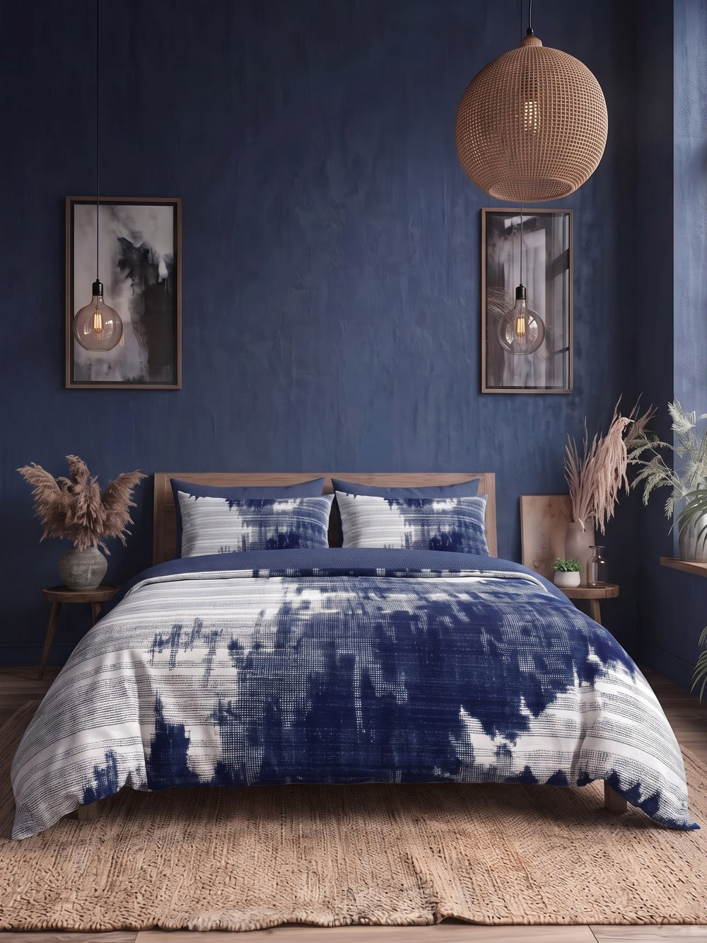 LABHAM Indigo 200TC NaturaSoft bedsheet in Bedsheet Set With 2 Matching Pillow Covers - King Size, styled on a king bed