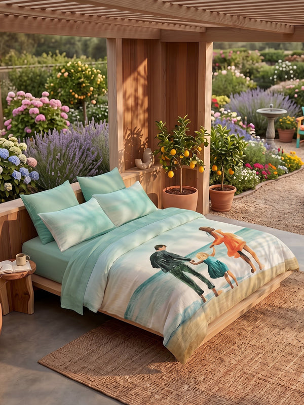 Happy Home 200TC Natura Soft Beach Walk Print Mint Green Bedsheet Set With 2 Matching Pillow Covers - King Size