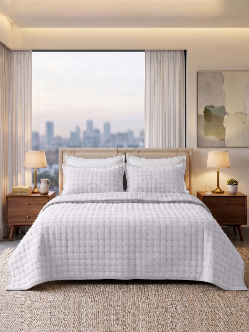 SOLACE bedcover set in Lavender, styled on a king bed