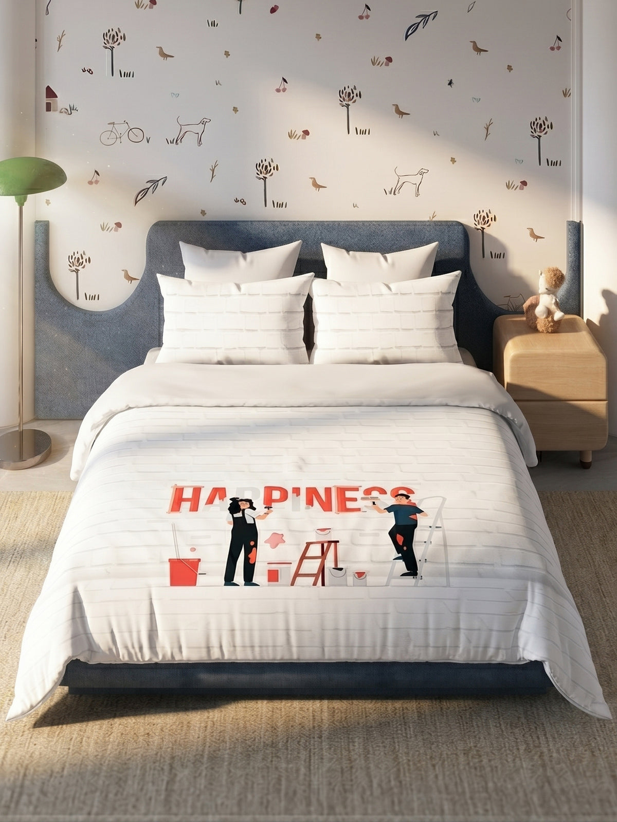 LABHAM Happy Home 200TC Natura Soft Happiness Quote Print Red Bedsheet Set With 2 Matching Pillow Covers - King Size