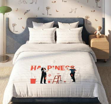 LABHAM Happy Home 200TC Natura Soft Happiness Quote Print Red Bedsheet Set With 2 Matching Pillow Covers - King Size