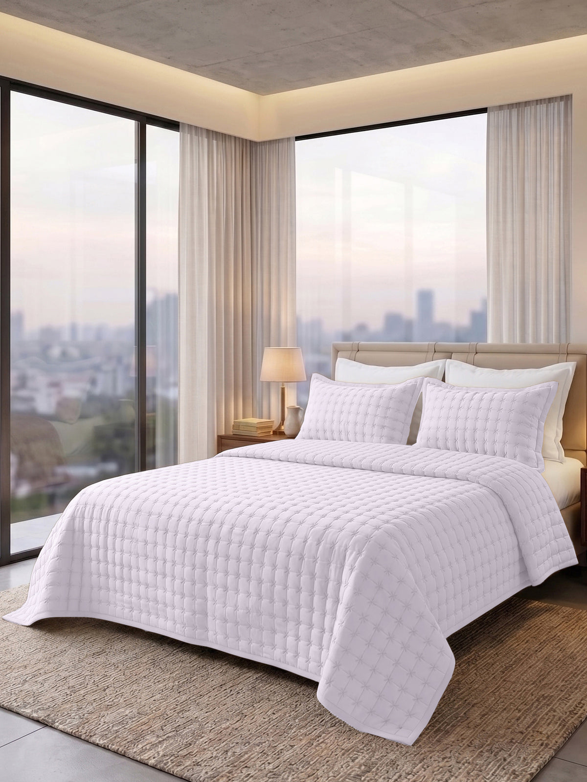 SOLACE 300GSM Cross Stitch Embroidered Quilt Bed Cover Set with 2 Pillow Covers – King Size