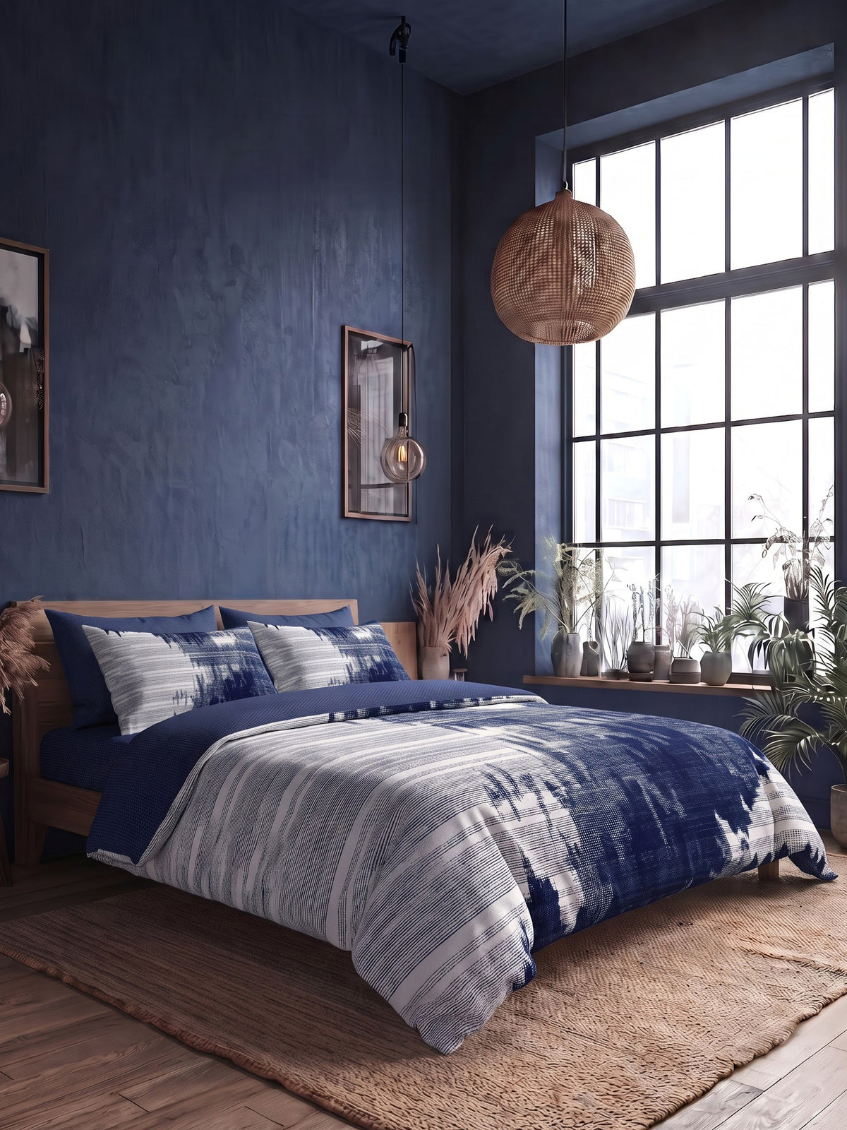 LABHAM Indigo 200TC Natura Soft Bedsheet Set With 2 Matching Pillow Covers - King Size