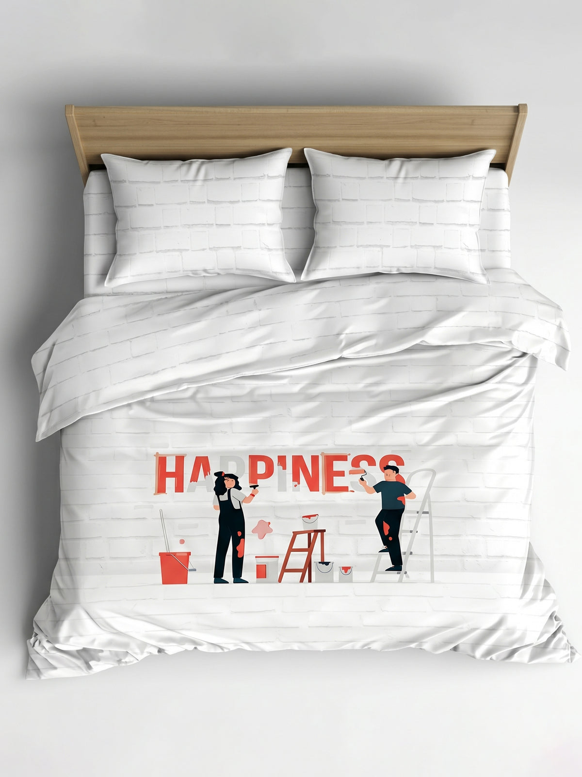 LABHAM Happy Home 200TC Natura Soft Happiness Quote Print Red Bedsheet Set With 2 Matching Pillow Covers - King Size