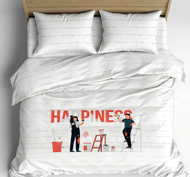LABHAM Happy Home 200TC Natura Soft Happiness Quote Print Red Bedsheet Set With 2 Matching Pillow Covers - King Size