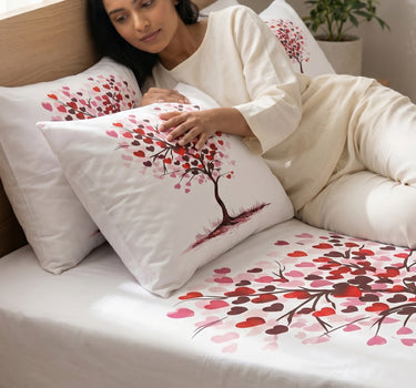 LABHAM Love Forever 200TC Natura Soft Dusty Rose Heart Tree Romance Print Bedsheet Set With 2 Matching Pillow Covers - King Size