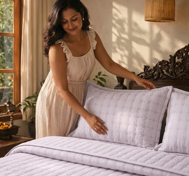 SOLACE 300GSM Cross Stitch Embroidered Quilt Bed Cover Set with 2 Pillow Covers – King Size
