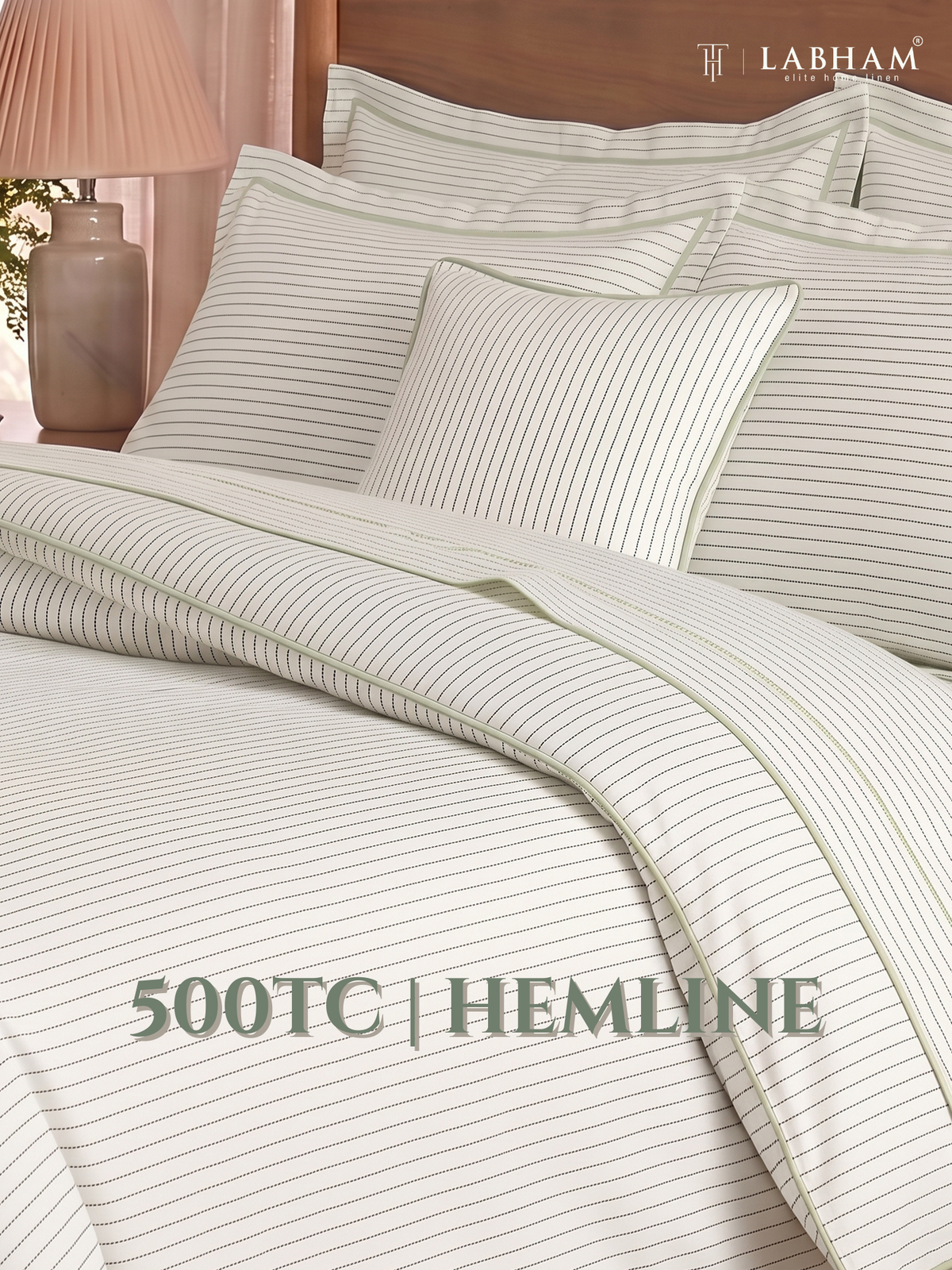 LABHAM Hemline 500TC 100% Cotton Printed King Size Bedsheet Set with 2 Matching Pillow Covers - King Size (Pista Pinstripe )
