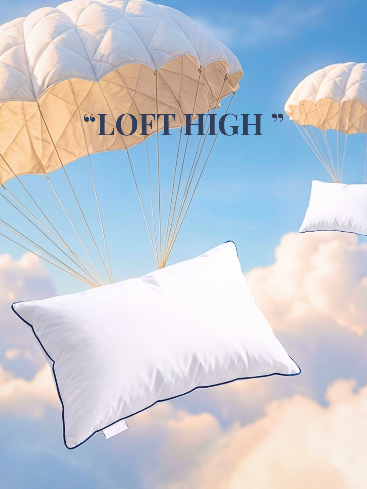 Labham Loft Pillow floating under a quilted parachute in a blue sky, white micro peach pillow with navy piping