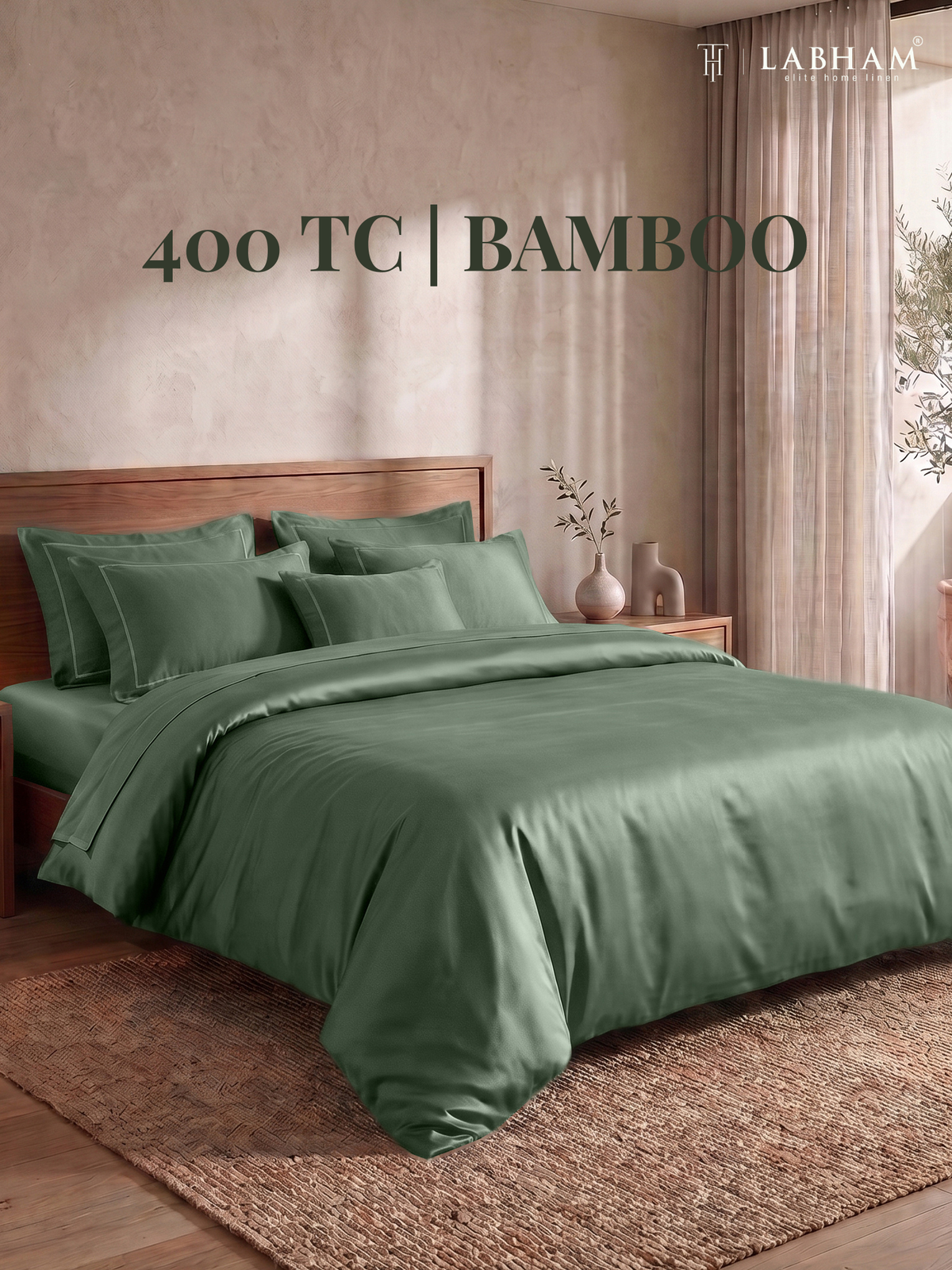 LABHAM 400TC 100% Bamboo King Size Bedsheet Set wit 2 Matching Pillow Covers - Cooling, Ultra Soft & Breathable - Green
