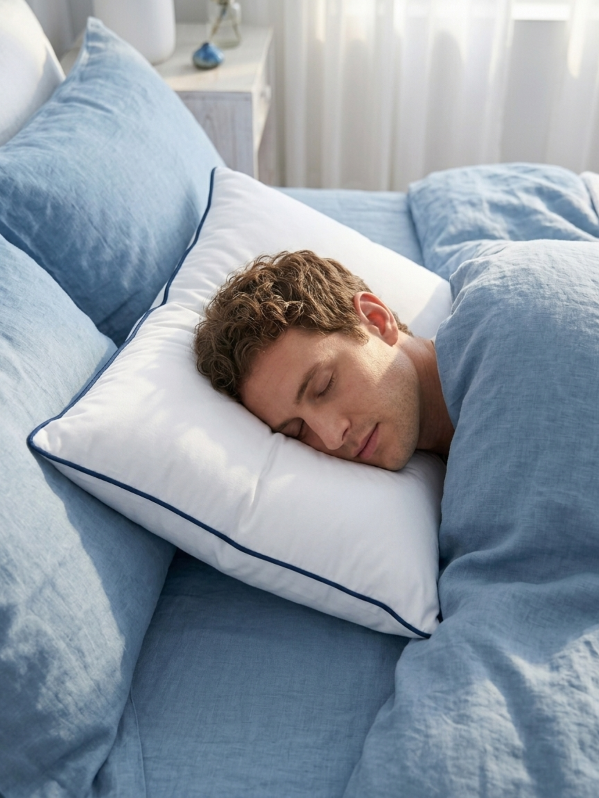 Labham Loft Pillow shown at a three-quarter angle, ultra-soft white micro peach bed pillow, 46 x 71 cm