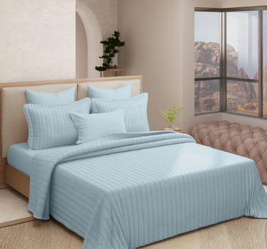 Heather Quilted Cotton Linen Bedcover cum AC Comforter Set with 2 Pillow Covers, King Size (Slate Blue)