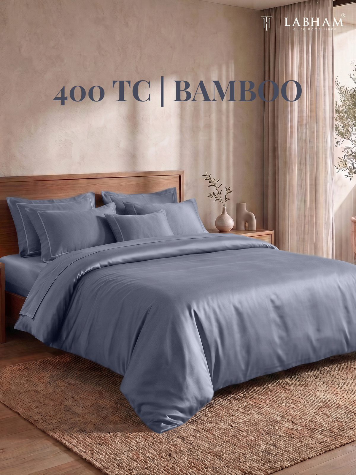 LABHAM 400TC 100% Bamboo King Size Bedsheet Set wit 2 Matching Pillow Covers - Cooling, Ultra Soft & Breathable - Denim