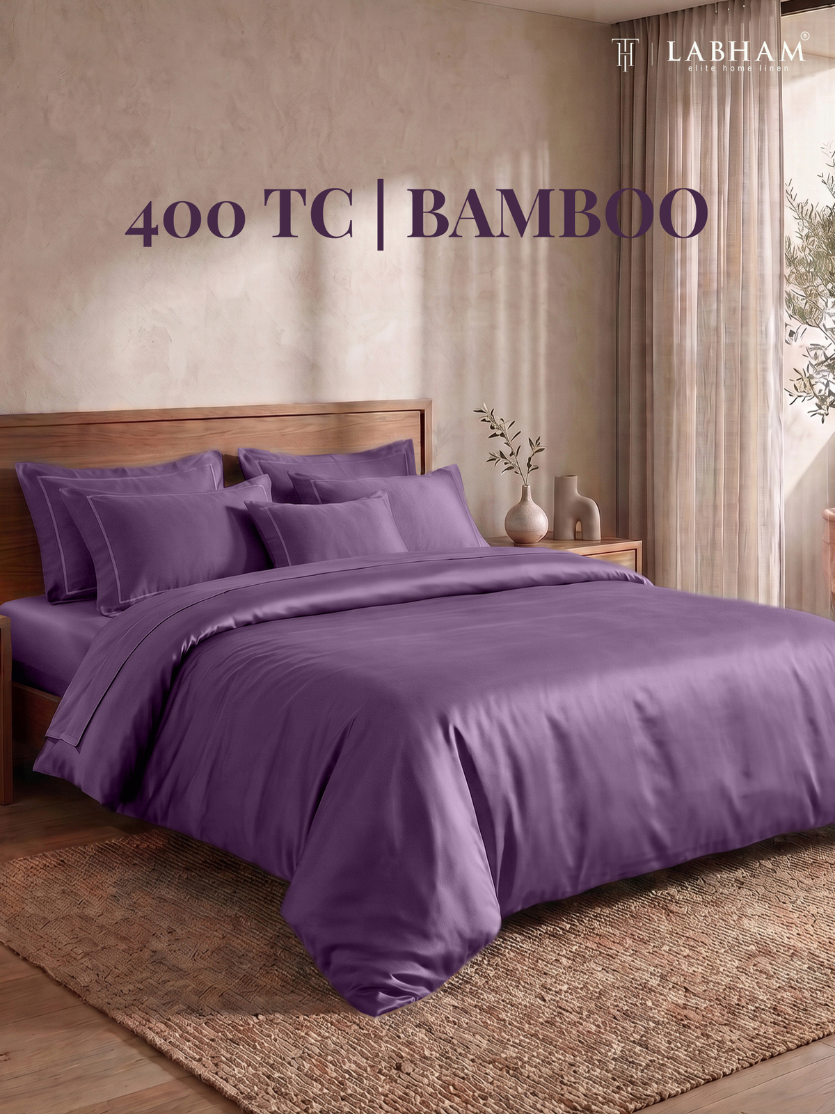 LABHAM 400TC 100% Bamboo King Size Bedsheet Set wit 2 Matching Pillow Covers - Cooling, Ultra Soft & Breathable - Purple