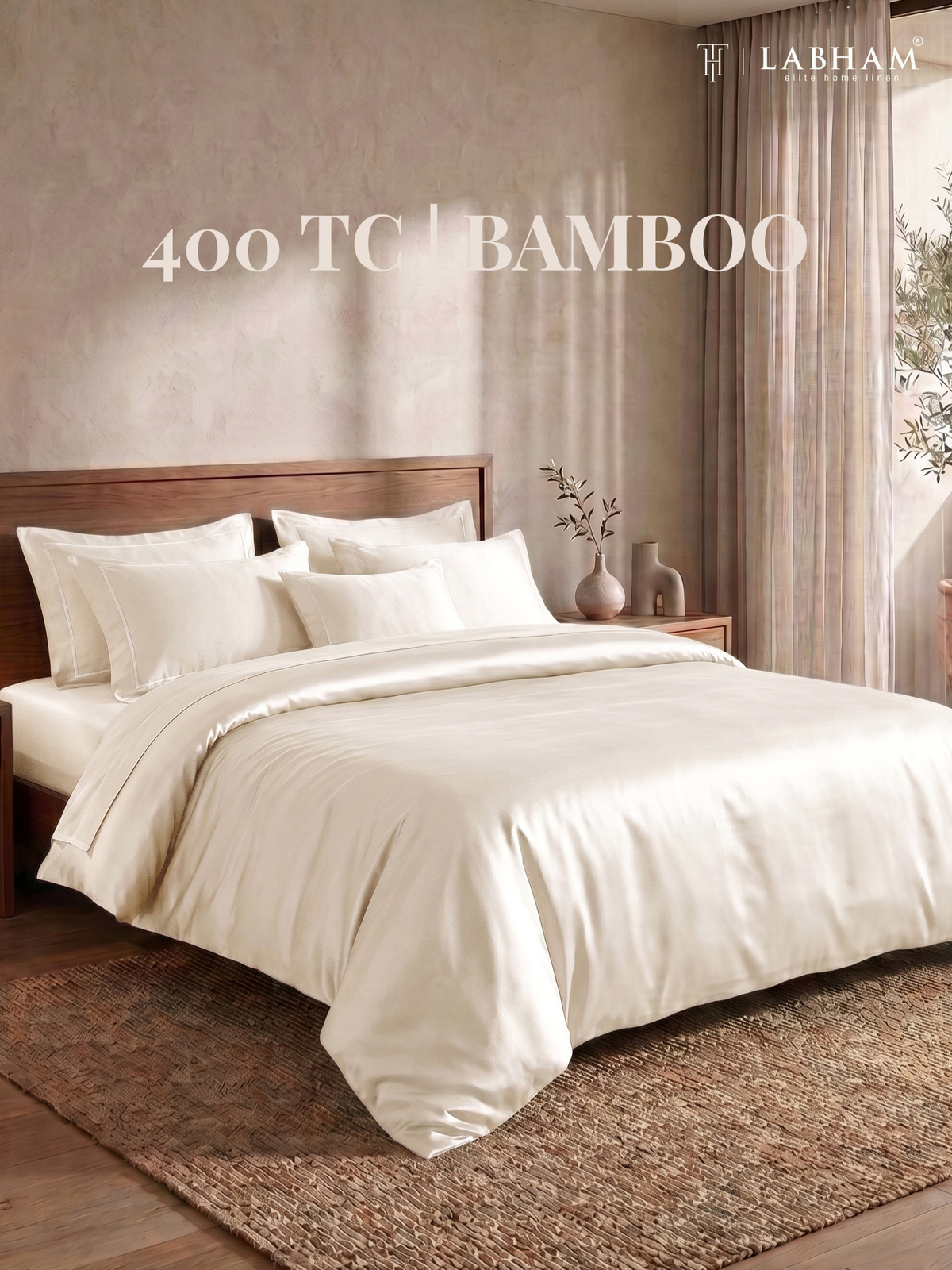 LABHAM 400TC 100% Bamboo King Size Bedsheet Set wit 2 Matching Pillow Covers - Cooling, Ultra Soft & Breathable - Ivory