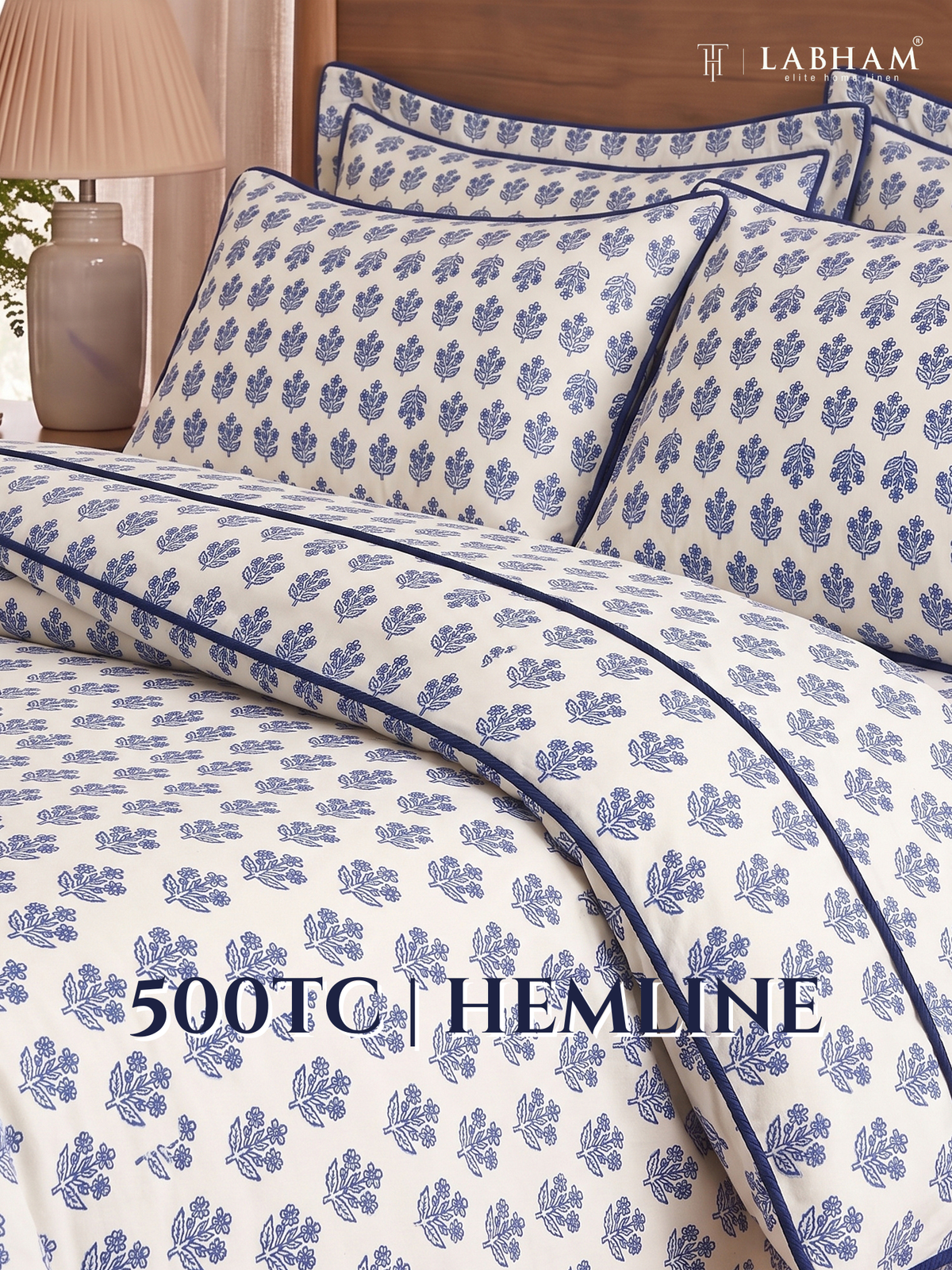 LABHAM Hemline 500TC 100% Cotton Printed King Size Bedsheet Set with 2 Matching Pillow Covers - King Size ( Indigo Booti )