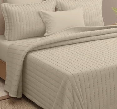 Heather Quilted Cotton Linen Bedcover cum AC Comforter Set with 2 Pillow Covers, King Size (Chikoo)