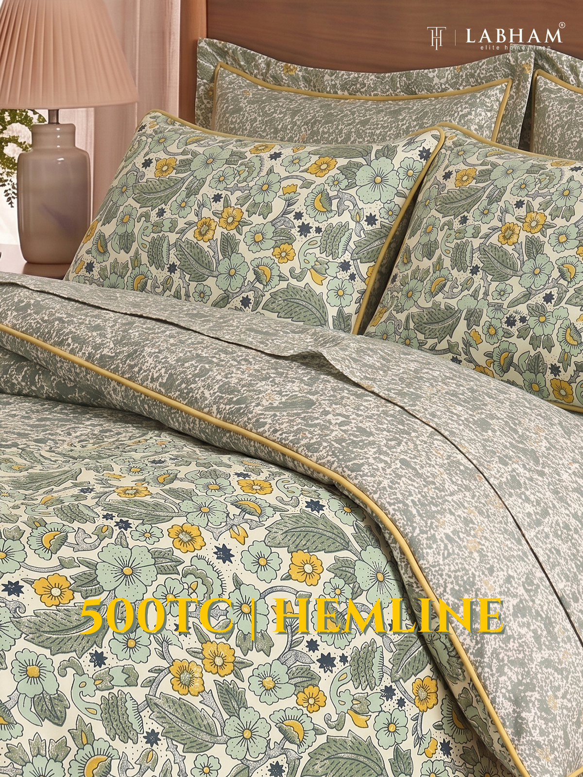 LABHAM Hemline 500TC 100% Cotton Printed King Size Bedsheet Set with 2 Matching Pillow Covers - King Size ( Sage Bloom )