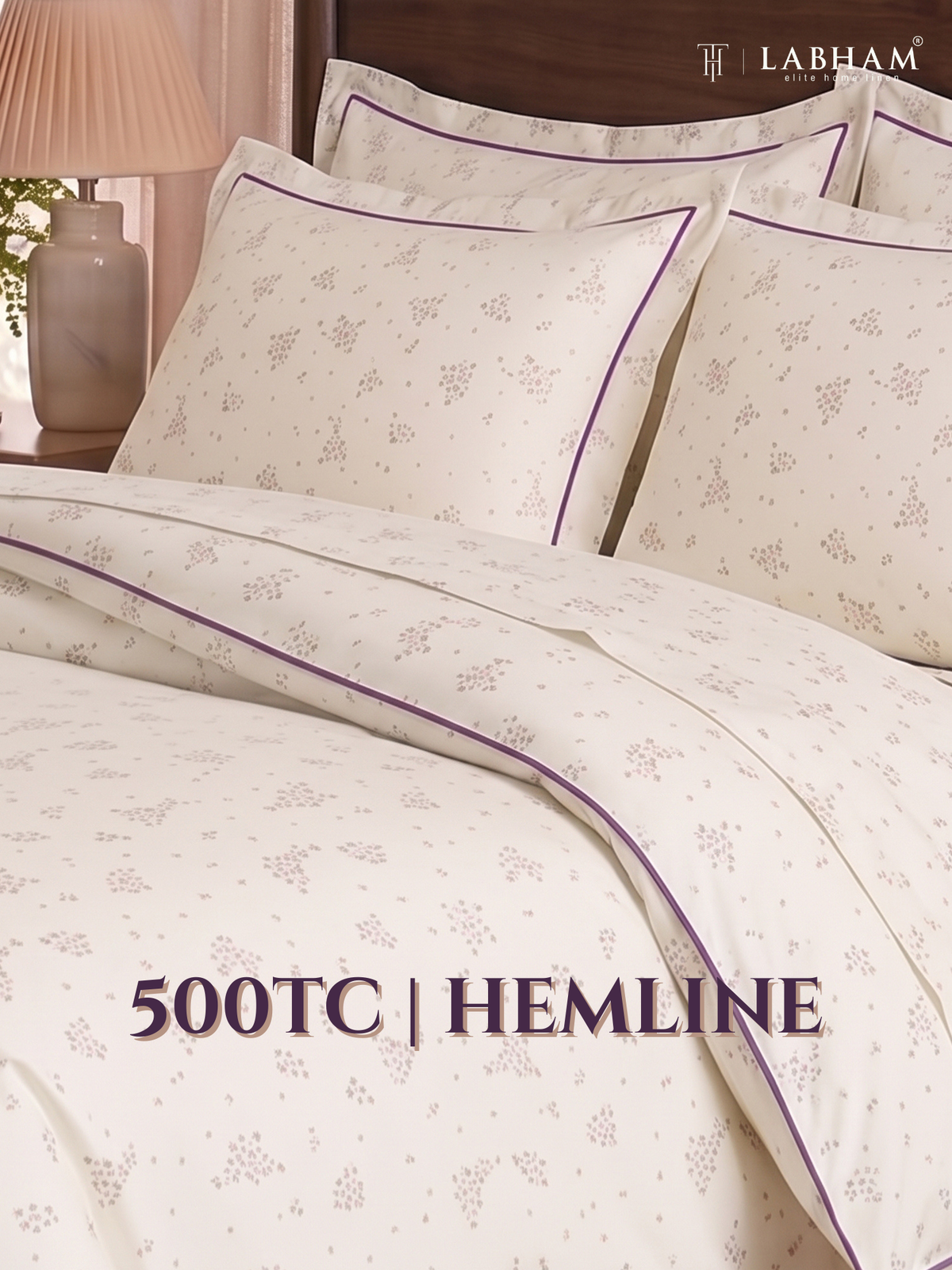 LABHAM Hemline 500TC 100% Cotton Printed King Size Bedsheet Set with 2 Matching Pillow Covers - King Size ( Mauve Meadow )