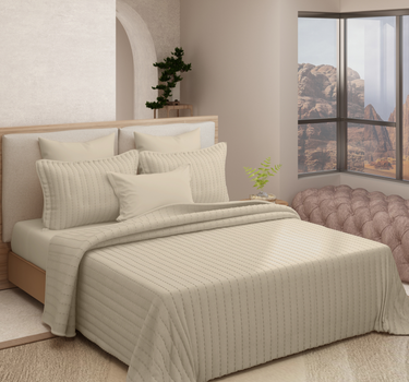 Heather Quilted Cotton Linen Bedcover cum AC Comforter Set with 2 Pillow Covers, King Size (Chikoo)