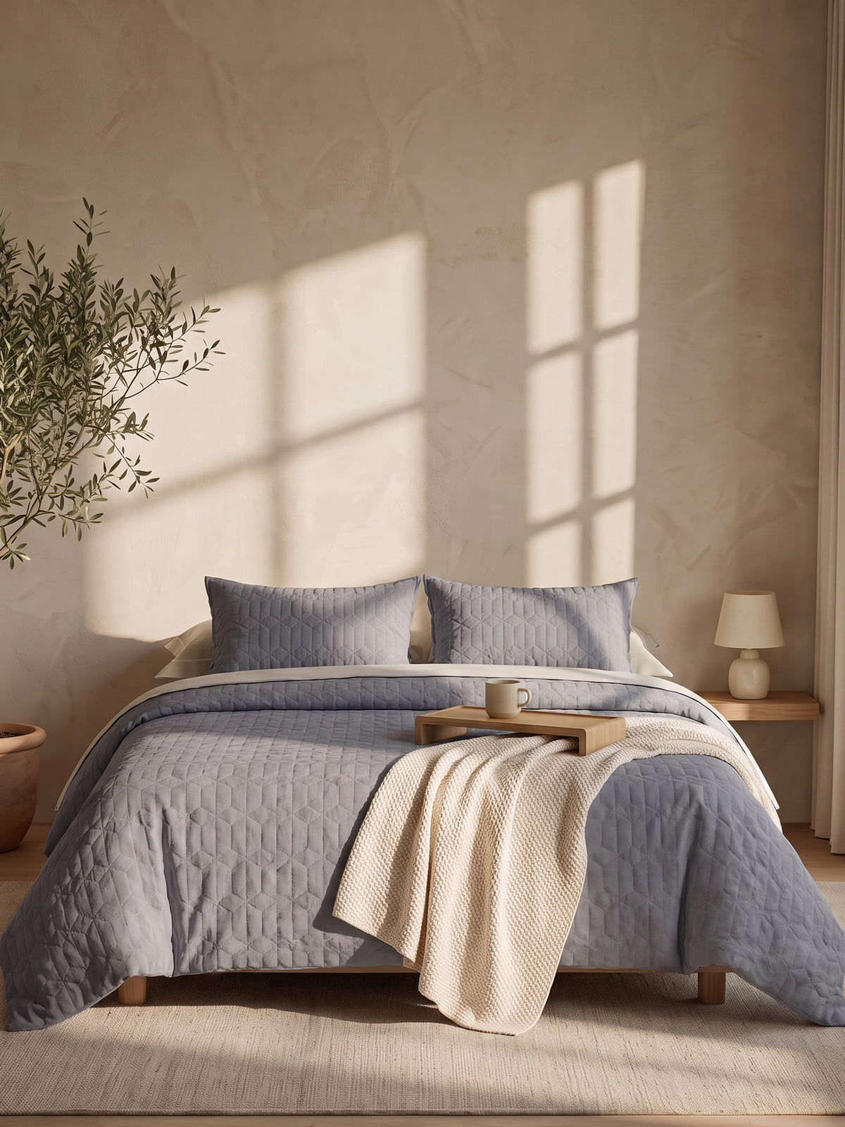Azure - Quilted King Bedcover Set with 2 Pillow Covers – Ash Grey