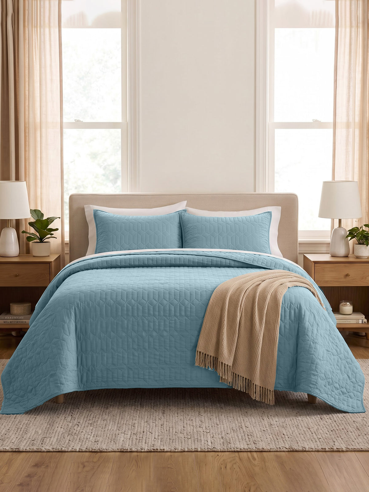 Azure - Quilted King Bedcover Set with 2 Pillow Covers – Denim
