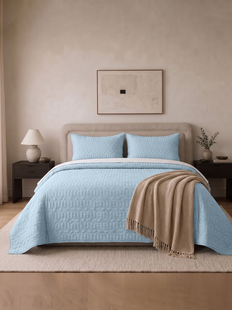 Azure Quilted King Bedcover Set – 300 GSM EverTouch™ Microfibre with LazerTech™ Quilting, 2 Pillow Covers & Storage Bag – Sky