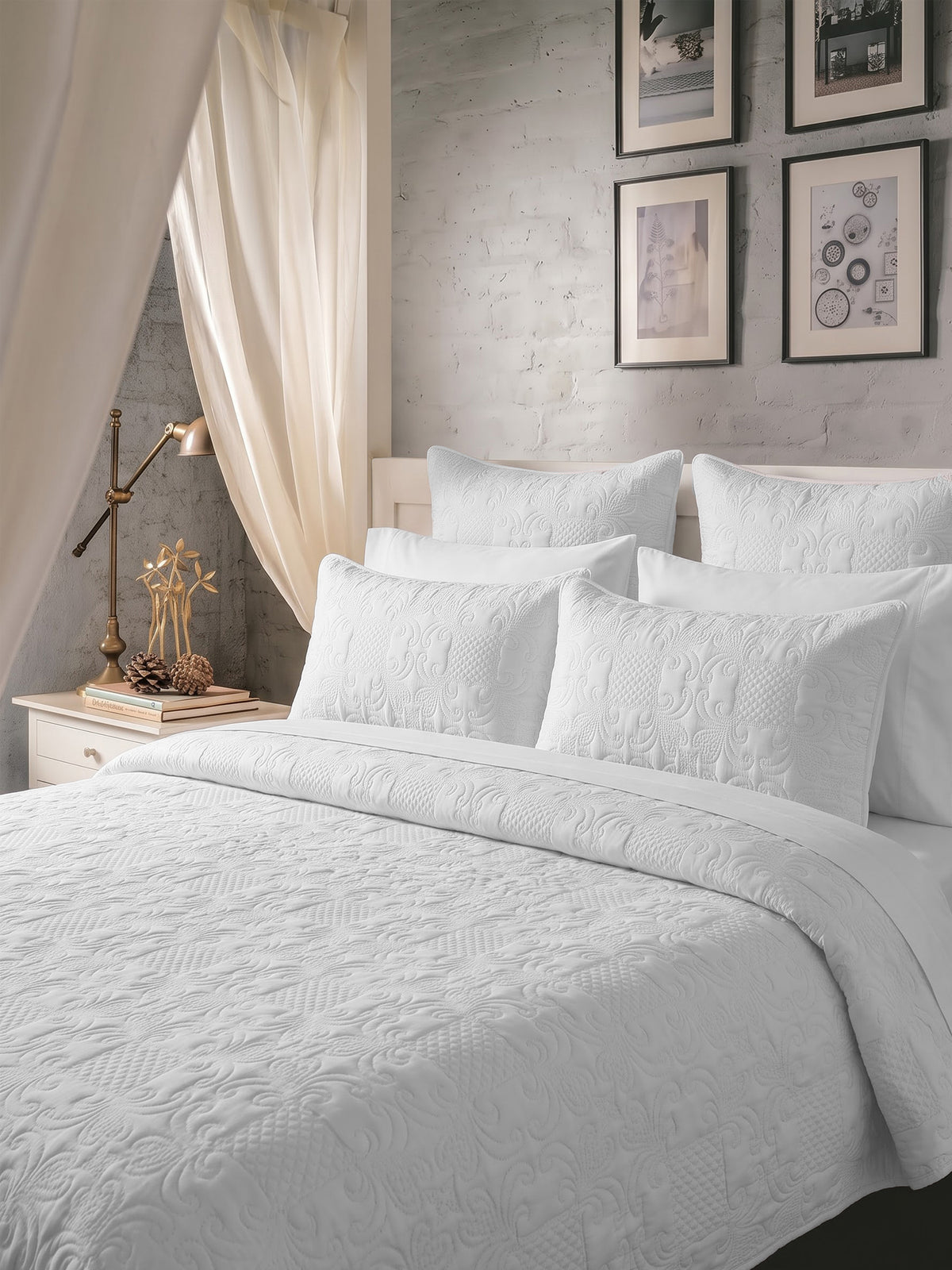 Sensation - Quilted King Bedcover Set with 2 Pillow Covers(White)