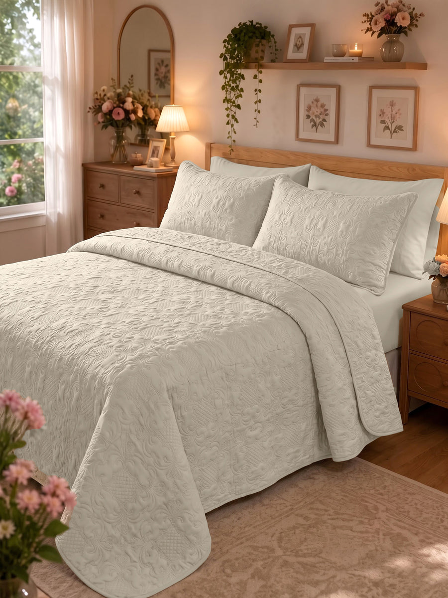 Sensation - Quilted King Bedcover Set with 2 Pillow Covers(Beige) — view 1