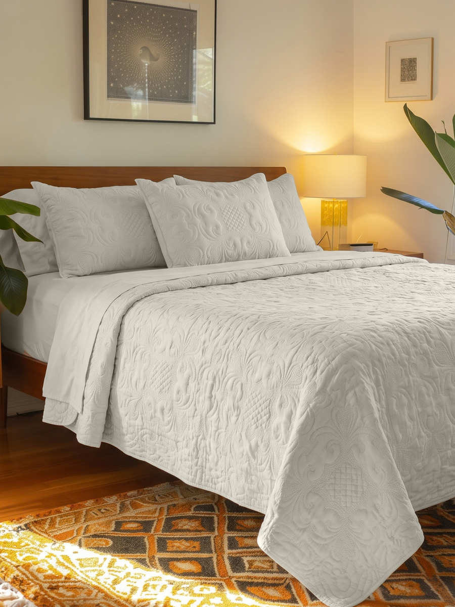 Sensation - Quilted King Bedcover Set with 2 Pillow Covers(Cream) — view 1