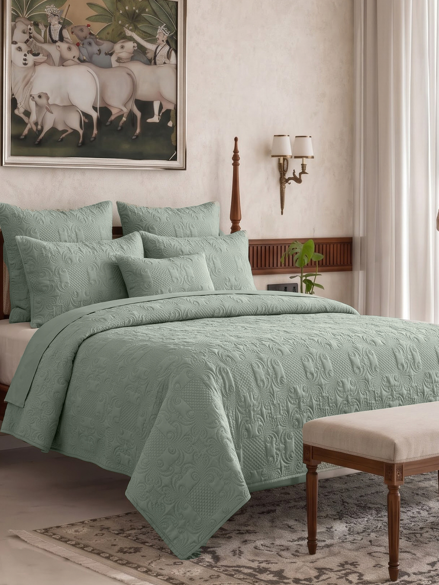 Sensation - Quilted King Bedcover Set with 2 Pillow Covers(Sage Green) — view 1