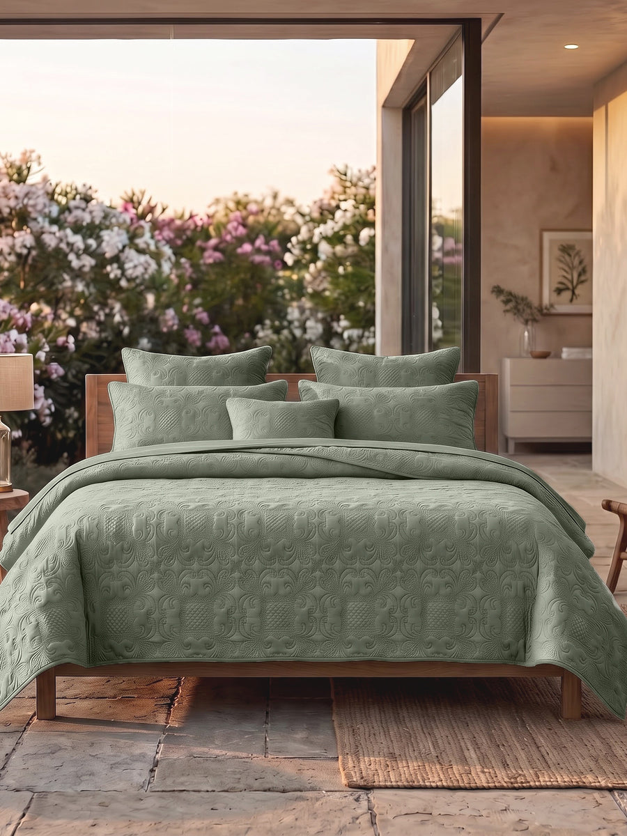 Sensation - Quilted King Bedcover Set with 2 Pillow Covers(Sage Green) — view 4